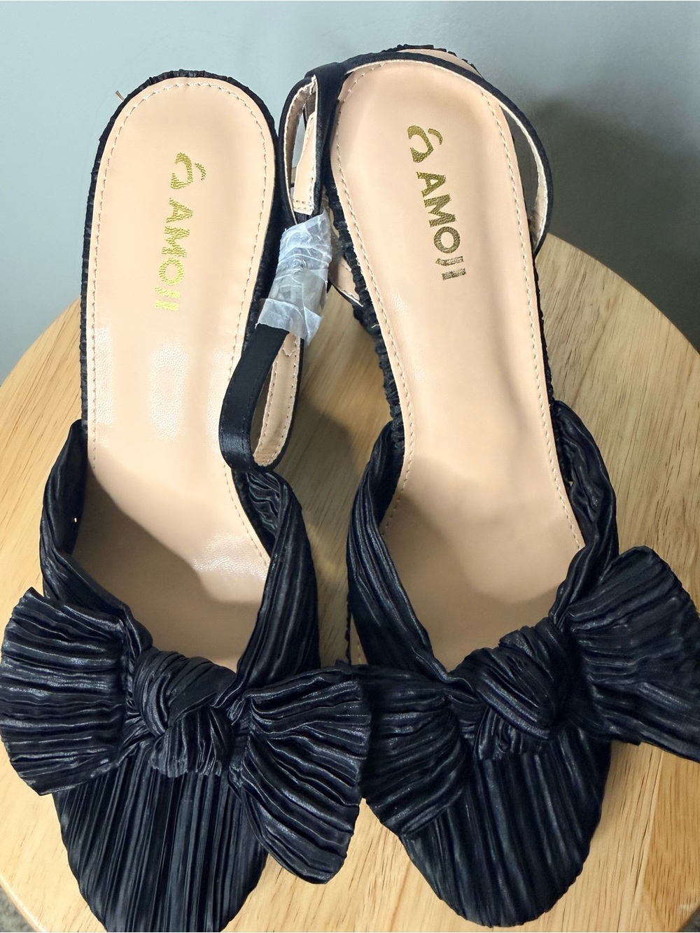 Black Pleated Bow Slingback Heels